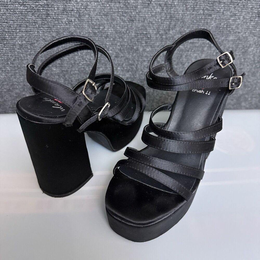 VTG Ulanka Women Heels Black Satin Strappy Platform Block Ankle Buckle Y2K US 7
